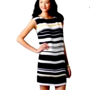 LOFT Dress Shift Round Neck Navy Blue White Yellow Stripe Women’s Size 2